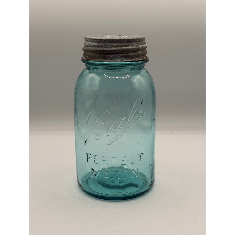 Vintage Ball Perfect Mason Jar Aqua Blue Glass‎ with Zinc Lid Number 5 Base
